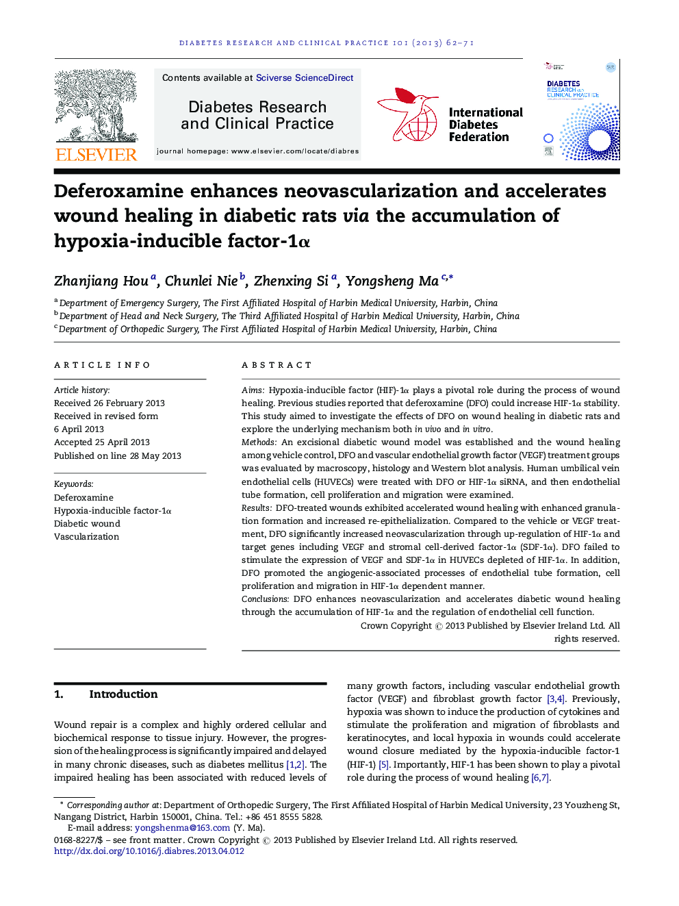 Deferoxamine enhances neovascularization and accelerates wound healing in diabetic rats via the accumulation of hypoxia-inducible factor-1α