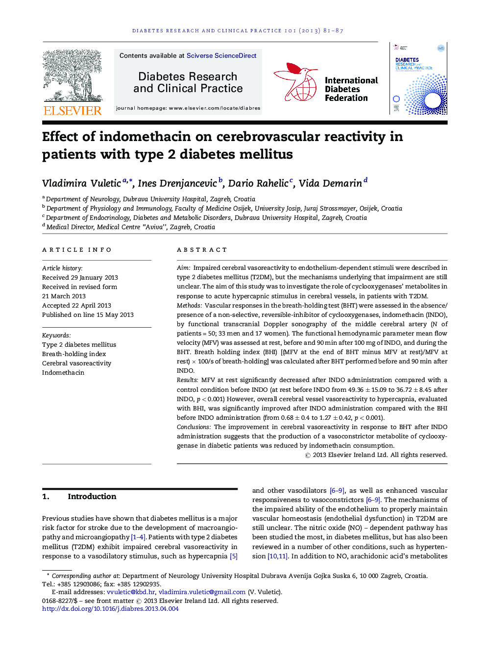 Effect of indomethacin on cerebrovascular reactivity in patients with type 2 diabetes mellitus