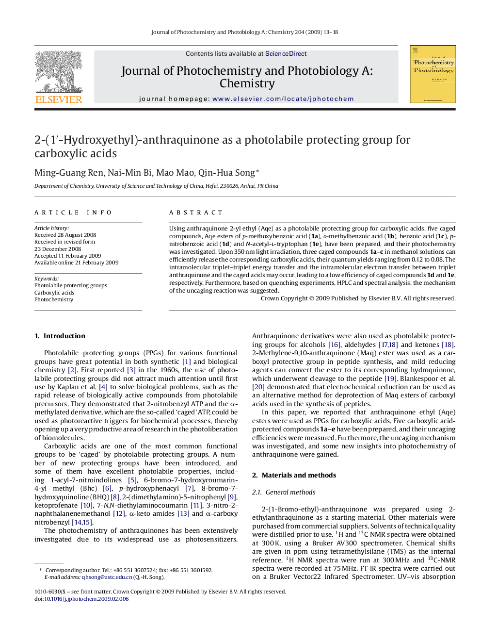 2-(1′-Hydroxyethyl)-anthraquinone as a photolabile protecting group for carboxylic acids