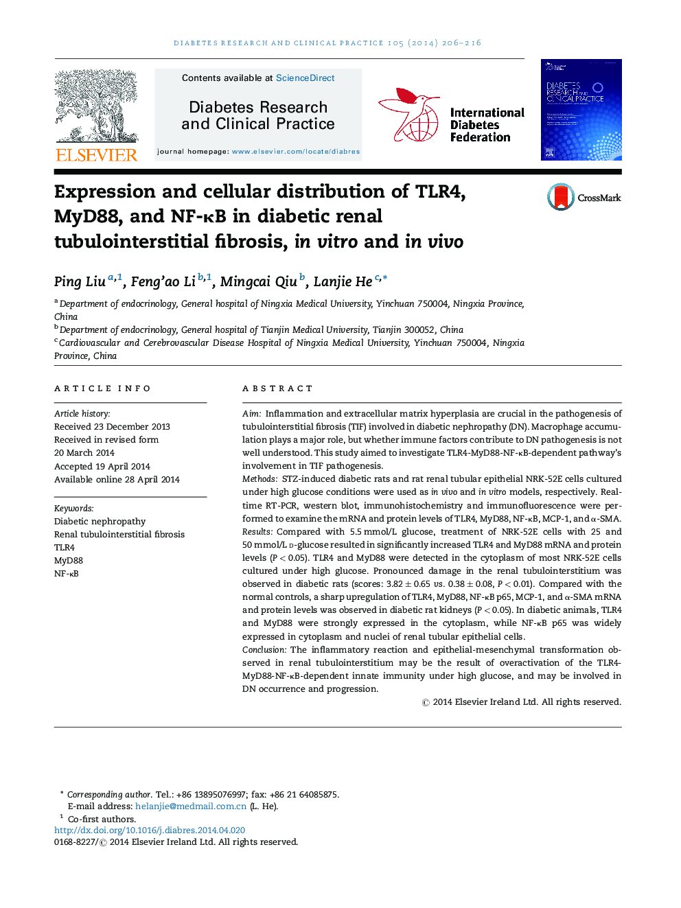 Expression and cellular distribution of TLR4, MyD88, and NF-κB in diabetic renal tubulointerstitial fibrosis, in vitro and in vivo