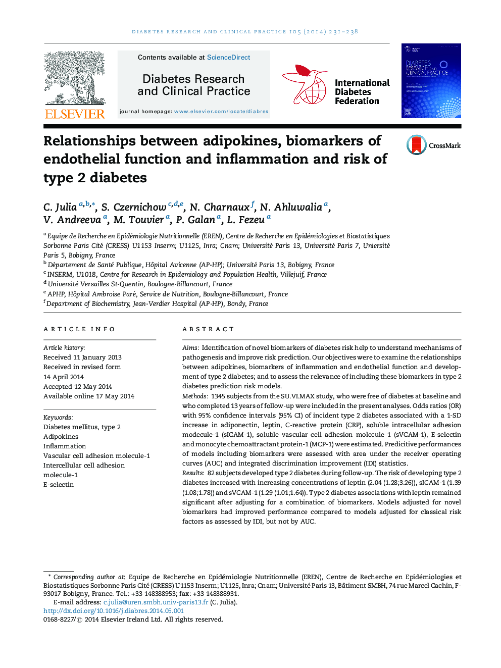 ارتباط بین آدیپوکین ها، بیومارکرهای عملکرد اندوتلیال و التهاب و خطر دیابت نوع 2 