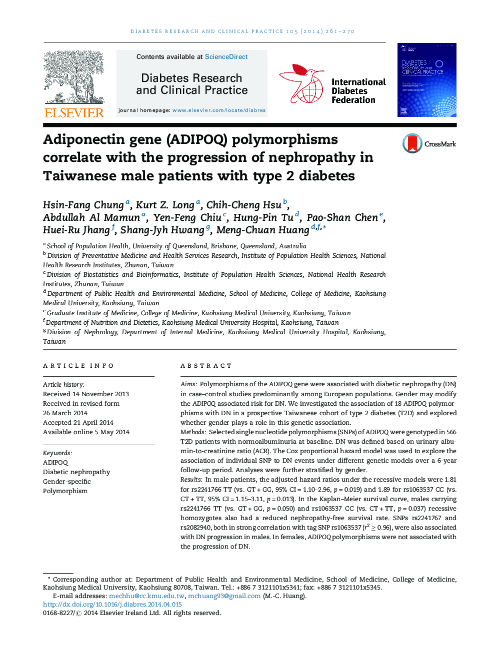 Adiponectin gene (ADIPOQ) polymorphisms correlate with the progression of nephropathy in Taiwanese male patients with type 2 diabetes