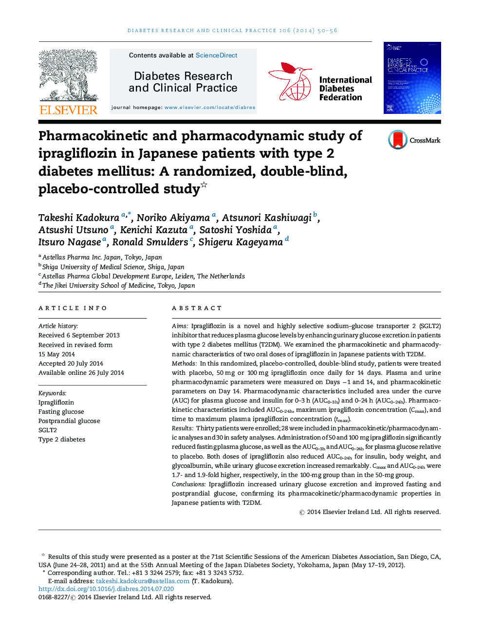 Pharmacokinetic and pharmacodynamic study of ipragliflozin in Japanese patients with type 2 diabetes mellitus: A randomized, double-blind, placebo-controlled study 