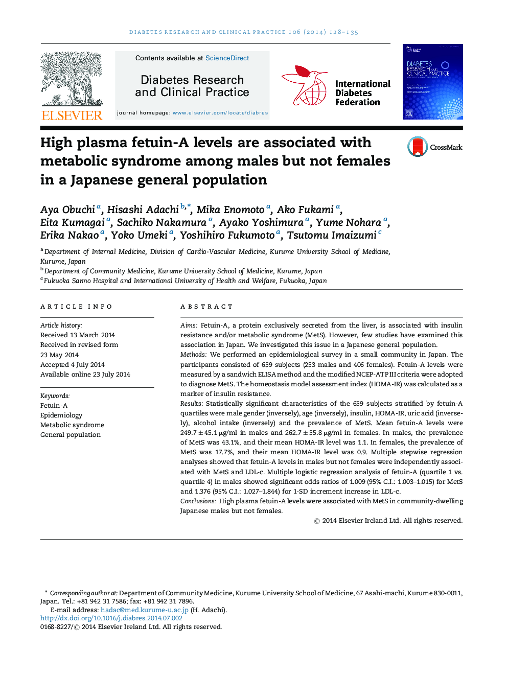 High plasma fetuin-A levels are associated with metabolic syndrome among males but not females in a Japanese general population