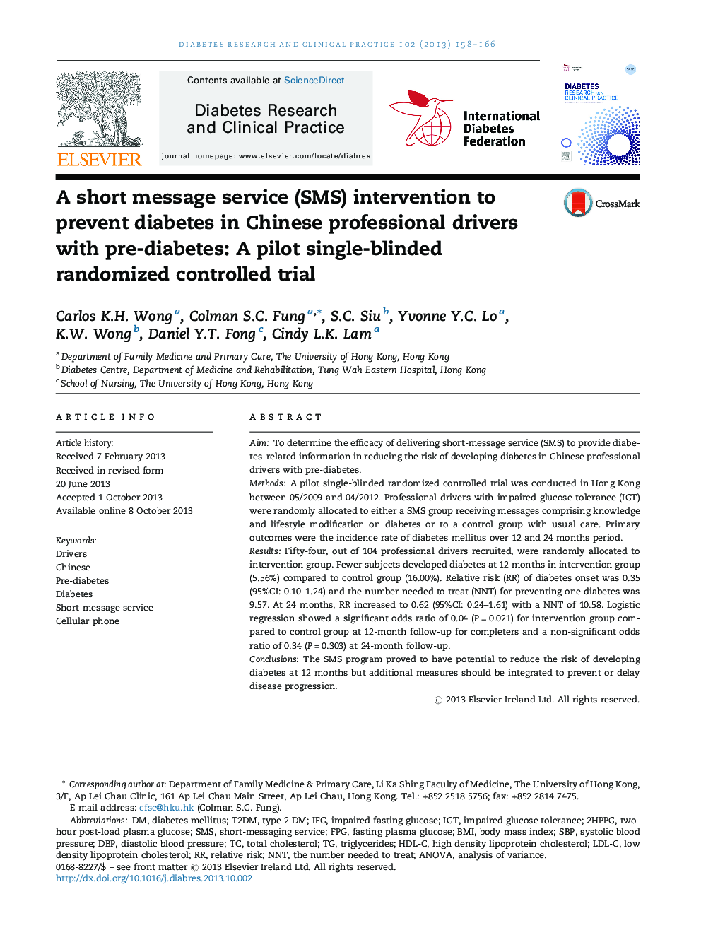 A short message service (SMS) intervention to prevent diabetes in Chinese professional drivers with pre-diabetes: A pilot single-blinded randomized controlled trial