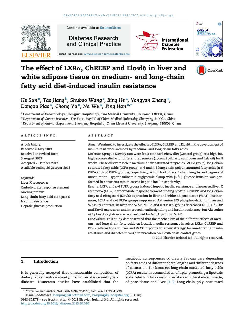 The effect of LXRα, ChREBP and Elovl6 in liver and white adipose tissue on medium- and long-chain fatty acid diet-induced insulin resistance