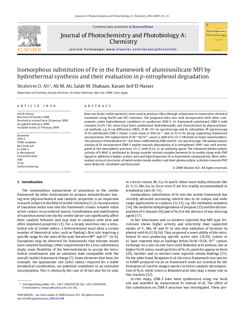 Isomorphous substitution of Fe in the framework of aluminosilicate MFI by hydrothermal synthesis and their evaluation in p-nitrophenol degradation