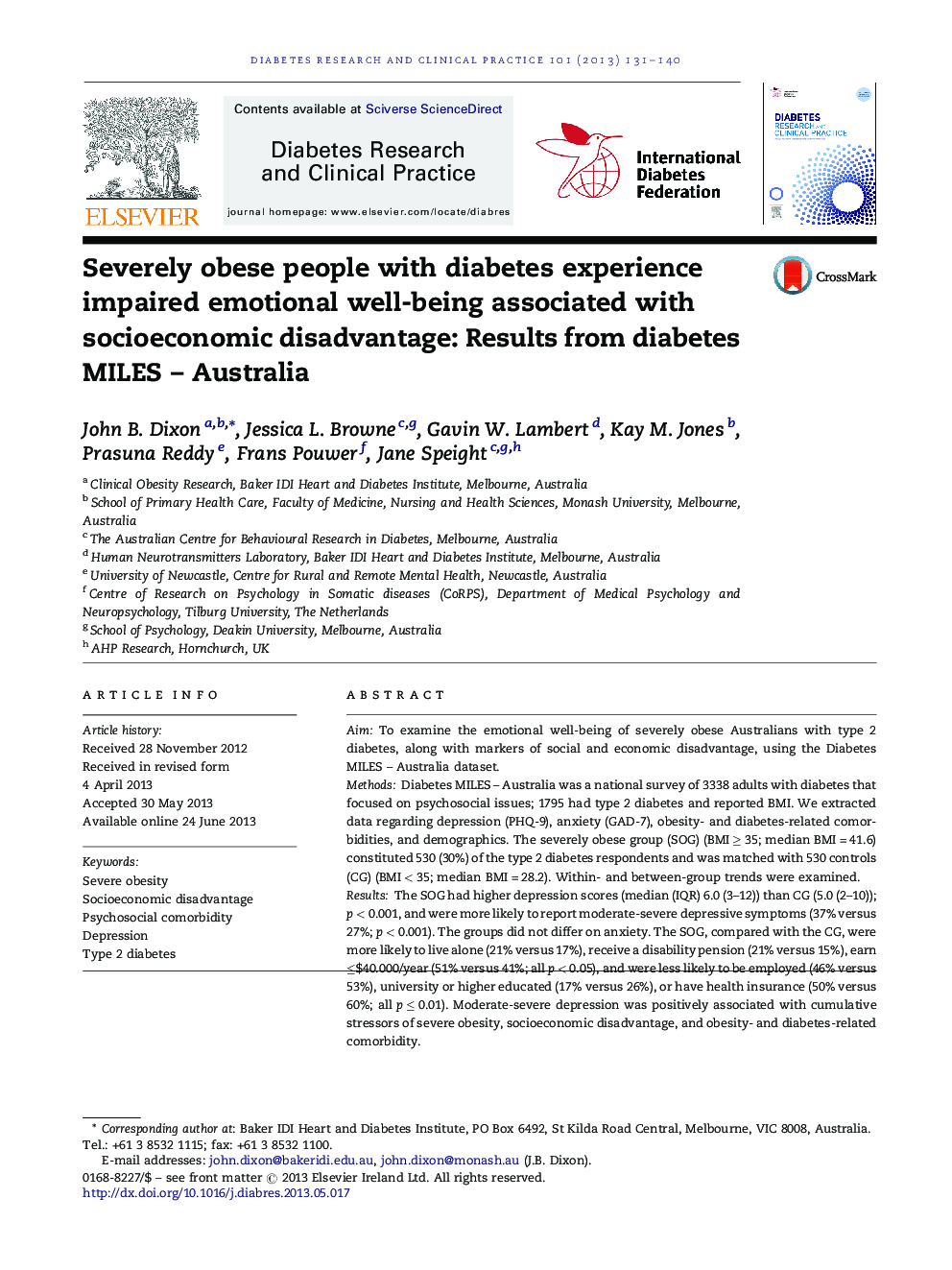 Severely obese people with diabetes experience impaired emotional well-being associated with socioeconomic disadvantage: Results from diabetes MILES – Australia