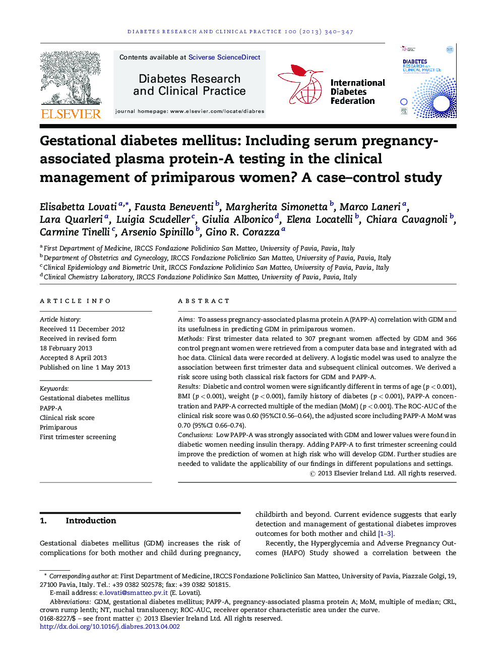 Gestational diabetes mellitus: Including serum pregnancy-associated plasma protein-A testing in the clinical management of primiparous women? A case–control study