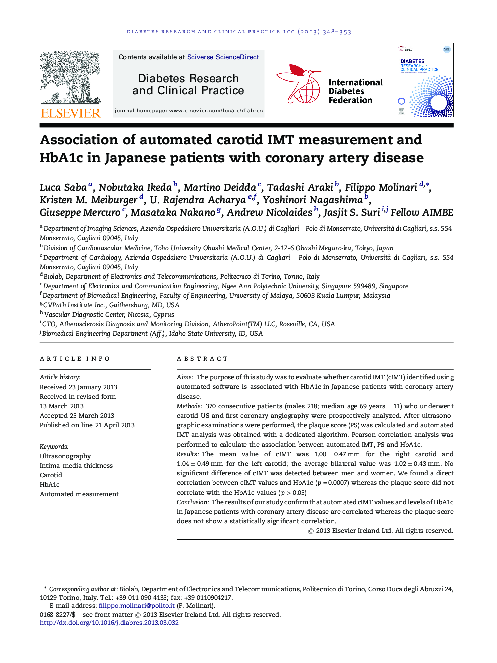 Association of automated carotid IMT measurement and HbA1c in Japanese patients with coronary artery disease