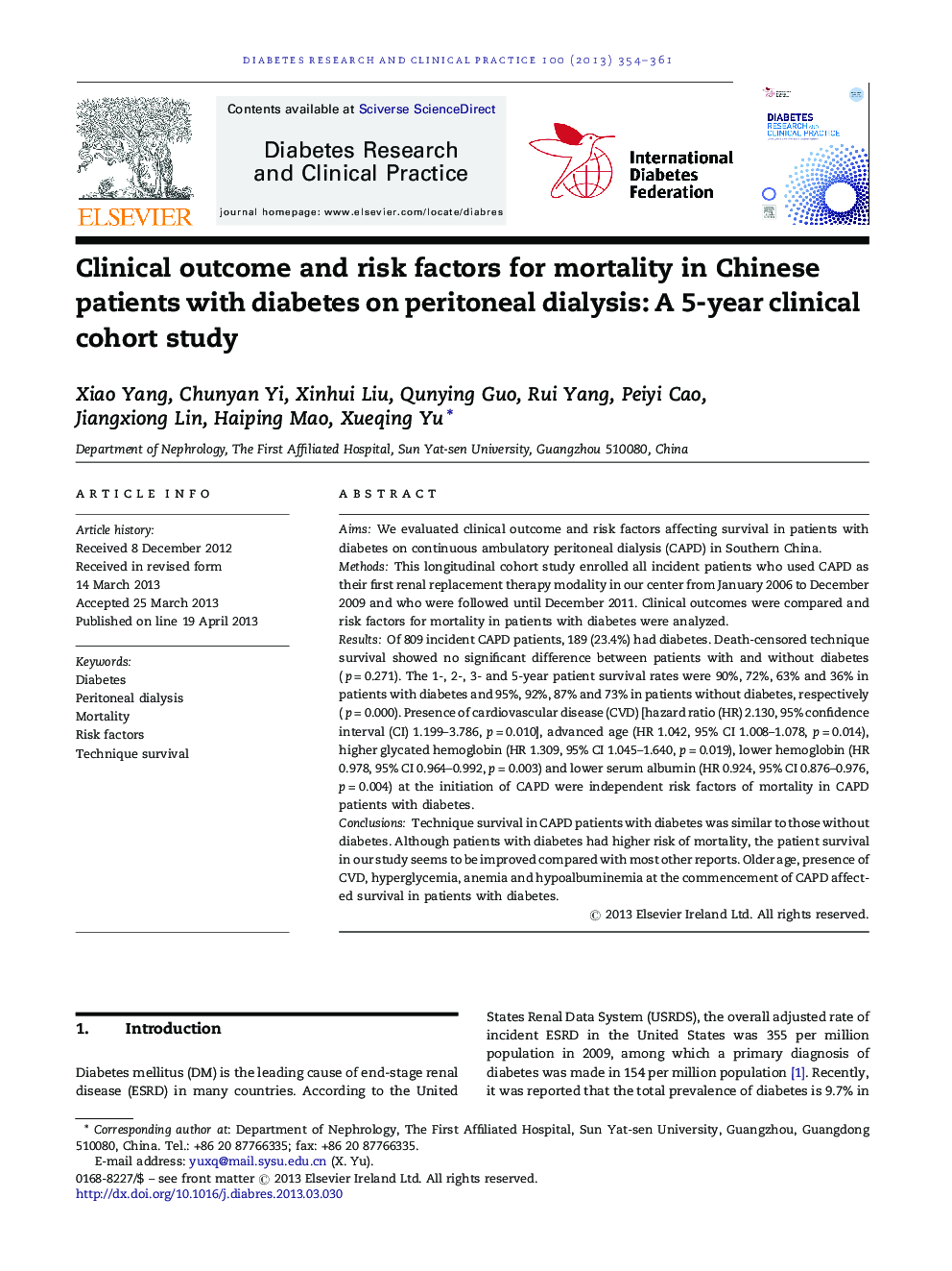 Clinical outcome and risk factors for mortality in Chinese patients with diabetes on peritoneal dialysis: A 5-year clinical cohort study