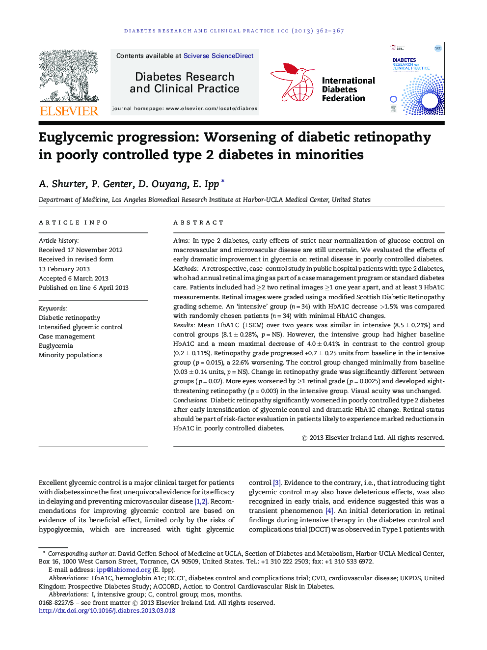 Euglycemic progression: Worsening of diabetic retinopathy in poorly controlled type 2 diabetes in minorities