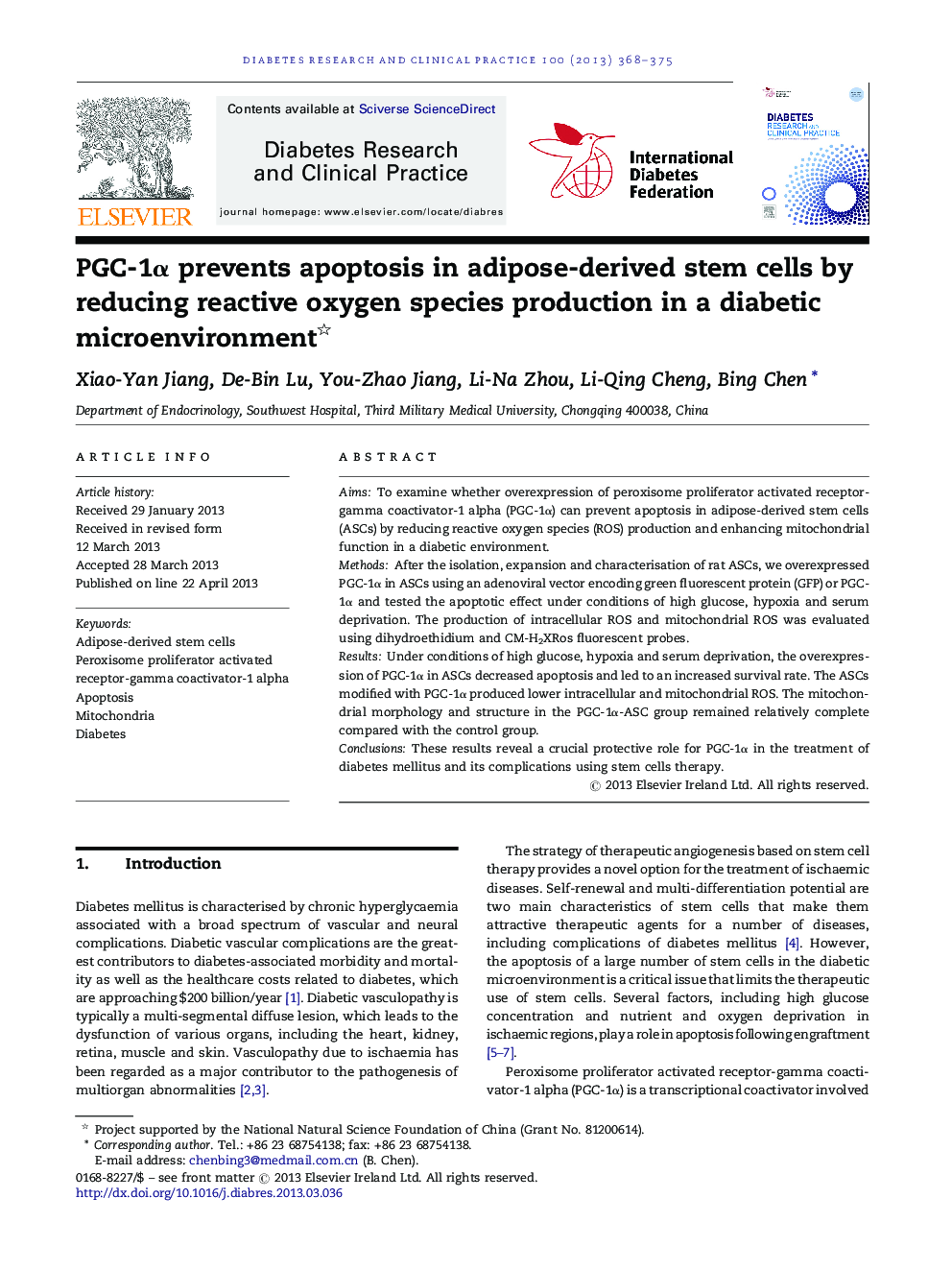 PGC-1α prevents apoptosis in adipose-derived stem cells by reducing reactive oxygen species production in a diabetic microenvironment 