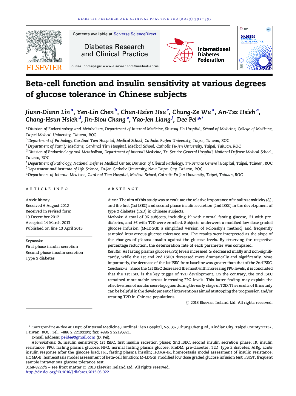 Beta-cell function and insulin sensitivity at various degrees of glucose tolerance in Chinese subjects