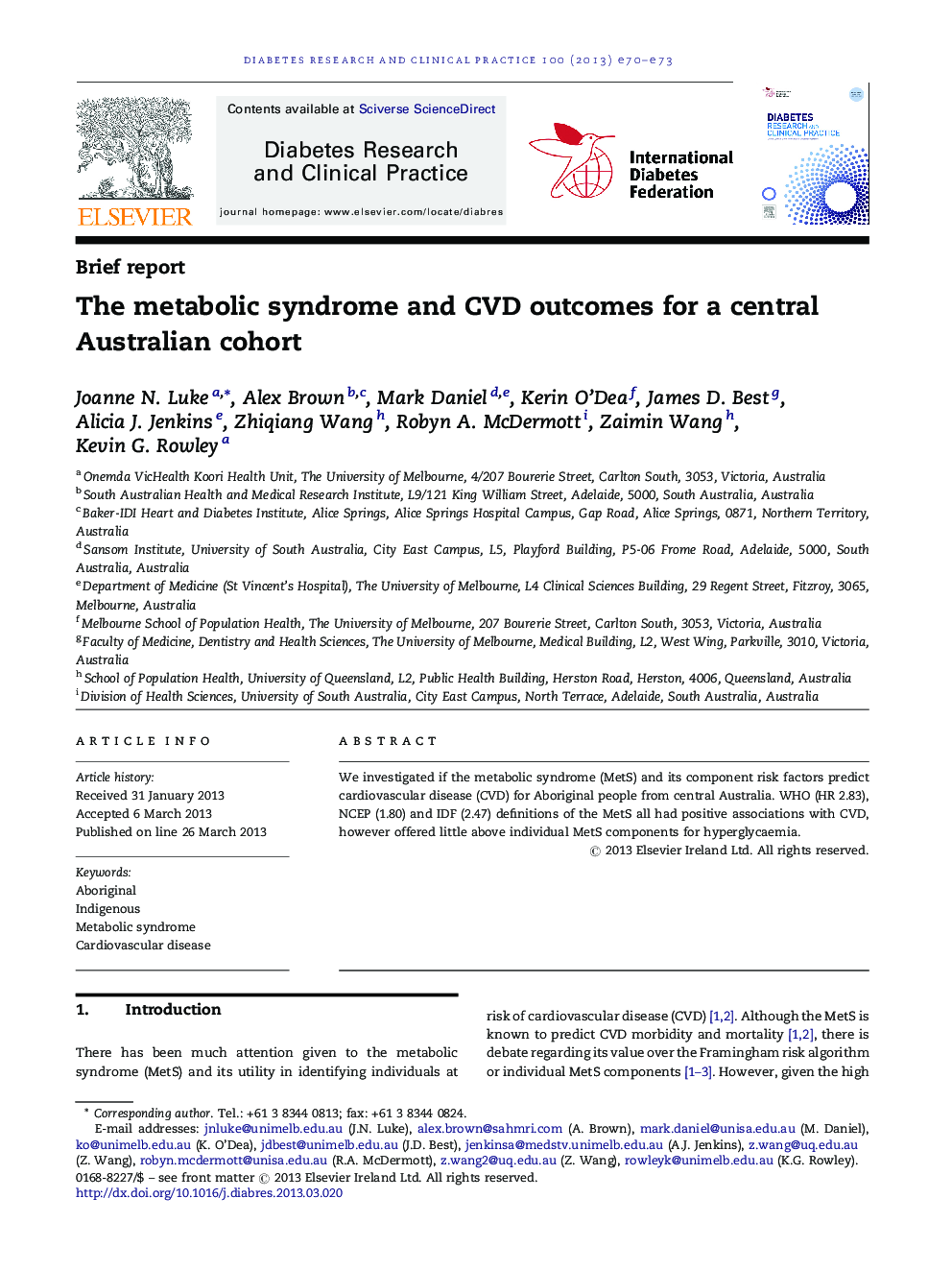 The metabolic syndrome and CVD outcomes for a central Australian cohort