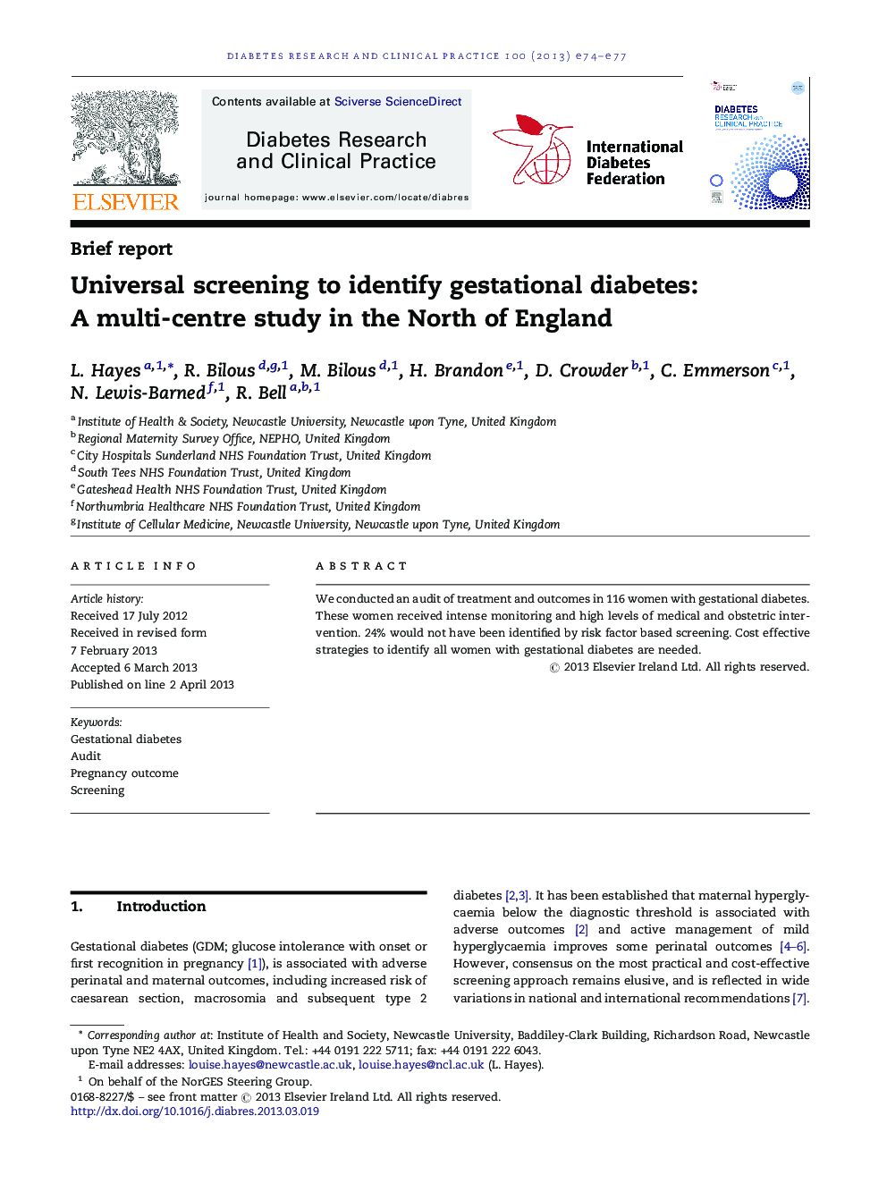 Universal screening to identify gestational diabetes: A multi-centre study in the North of England