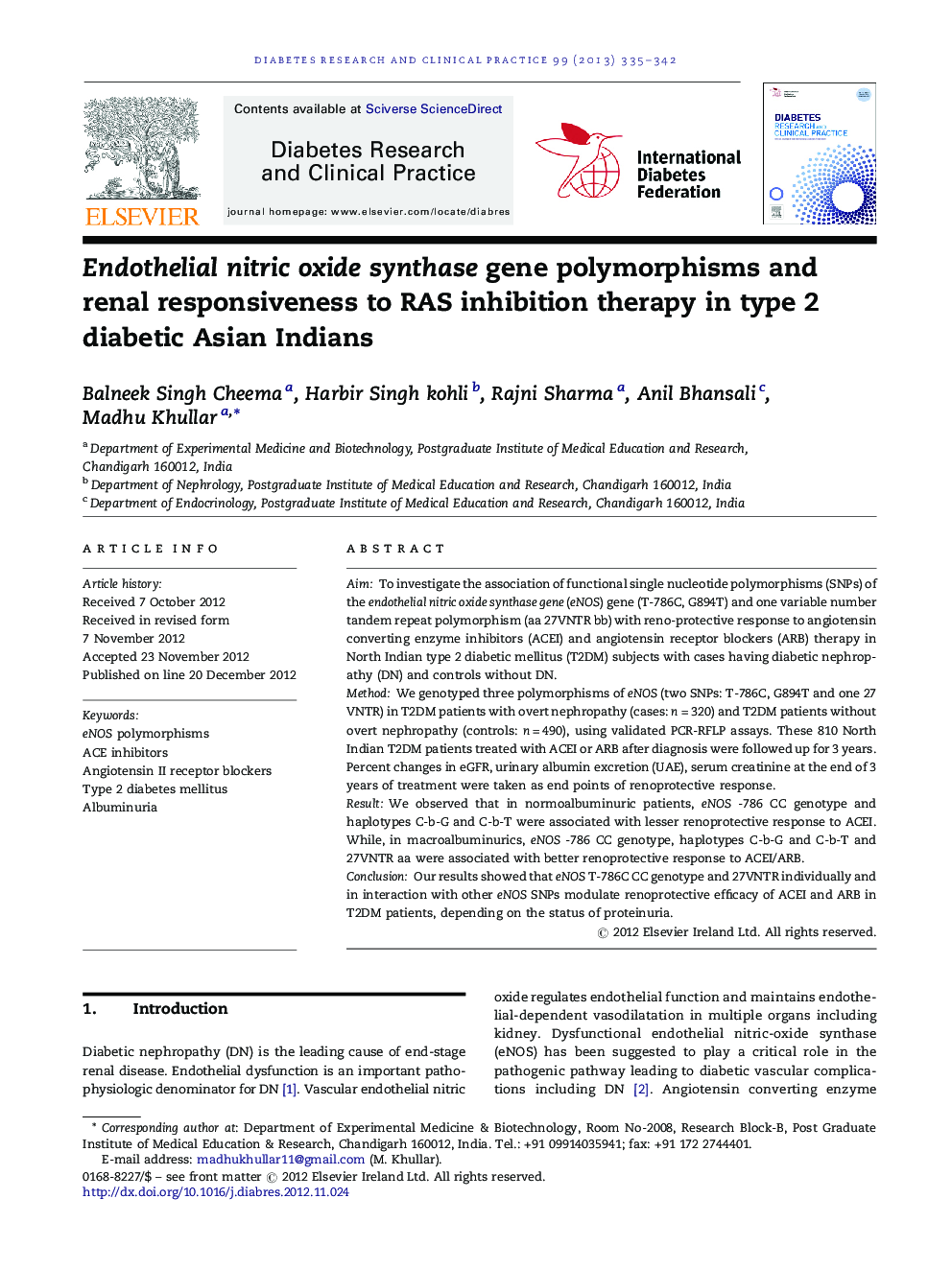Endothelial nitric oxide synthase gene polymorphisms and renal responsiveness to RAS inhibition therapy in type 2 diabetic Asian Indians