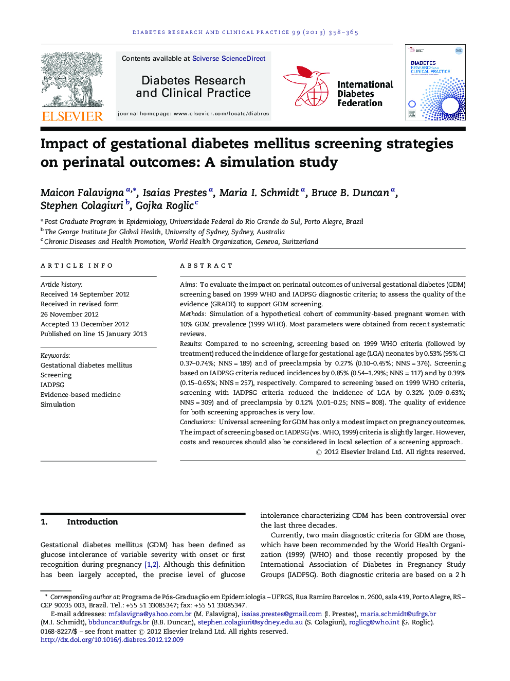 Impact of gestational diabetes mellitus screening strategies on perinatal outcomes: A simulation study