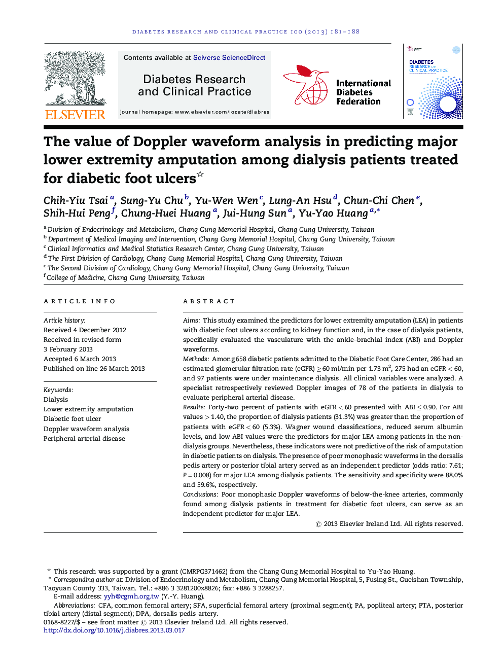 The value of Doppler waveform analysis in predicting major lower extremity amputation among dialysis patients treated for diabetic foot ulcers 
