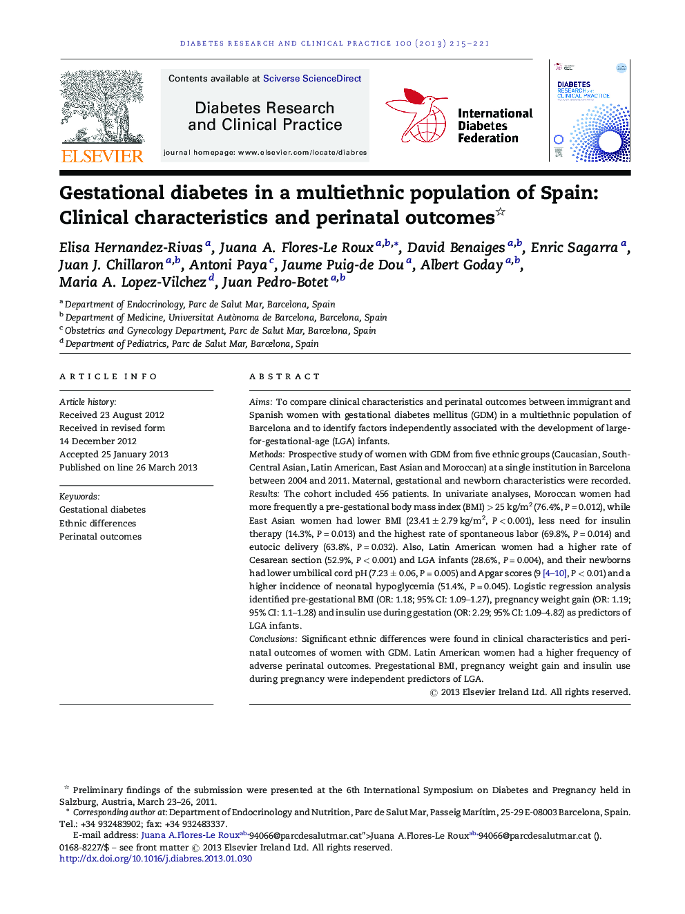 Gestational diabetes in a multiethnic population of Spain: Clinical characteristics and perinatal outcomes 