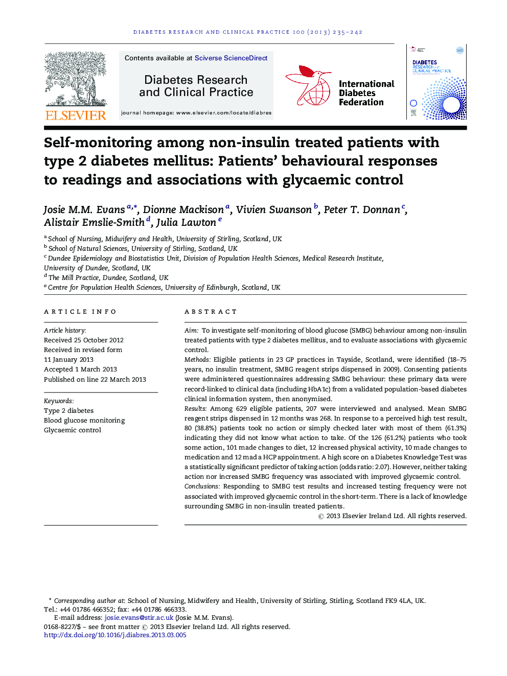 Self-monitoring among non-insulin treated patients with type 2 diabetes mellitus: Patients’ behavioural responses to readings and associations with glycaemic control