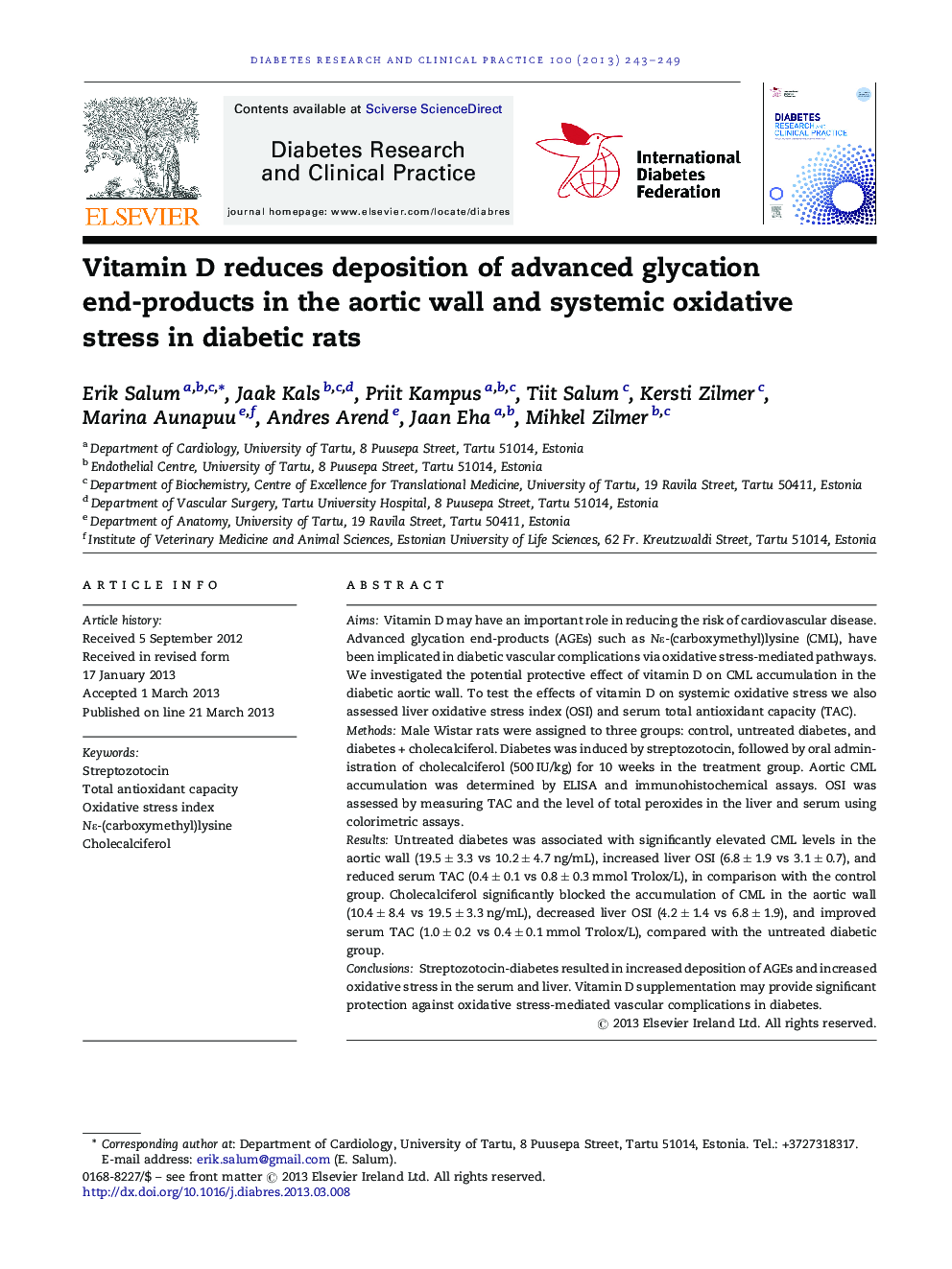 Vitamin D reduces deposition of advanced glycation end-products in the aortic wall and systemic oxidative stress in diabetic rats