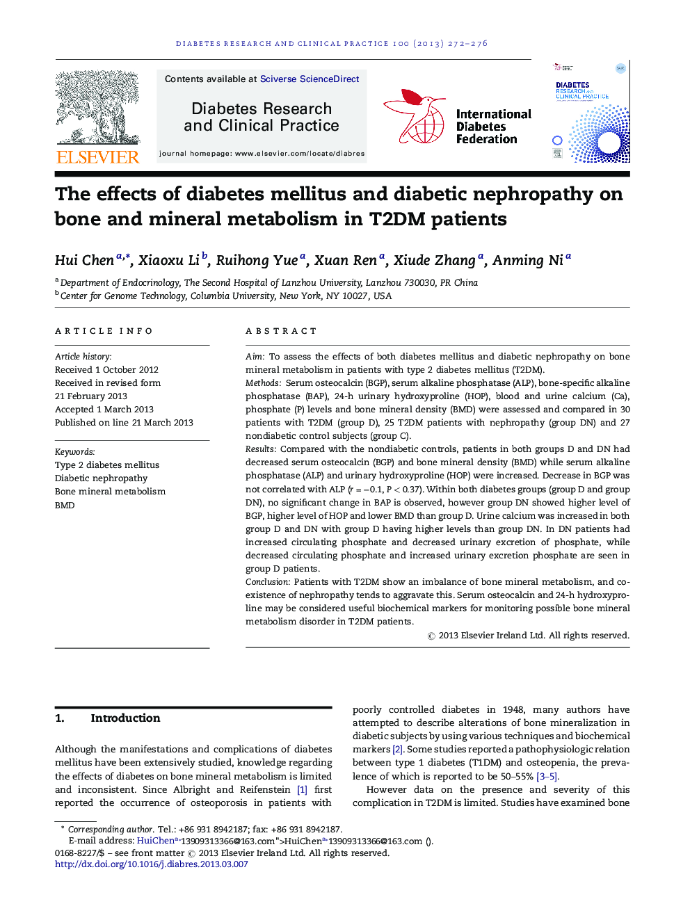 The effects of diabetes mellitus and diabetic nephropathy on bone and mineral metabolism in T2DM patients