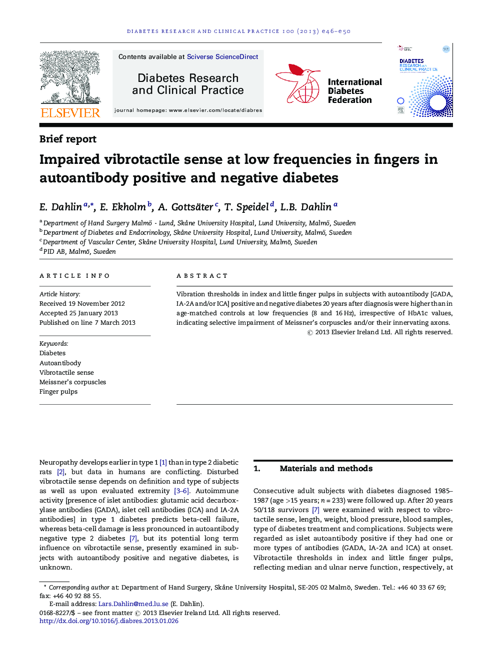 Impaired vibrotactile sense at low frequencies in fingers in autoantibody positive and negative diabetes