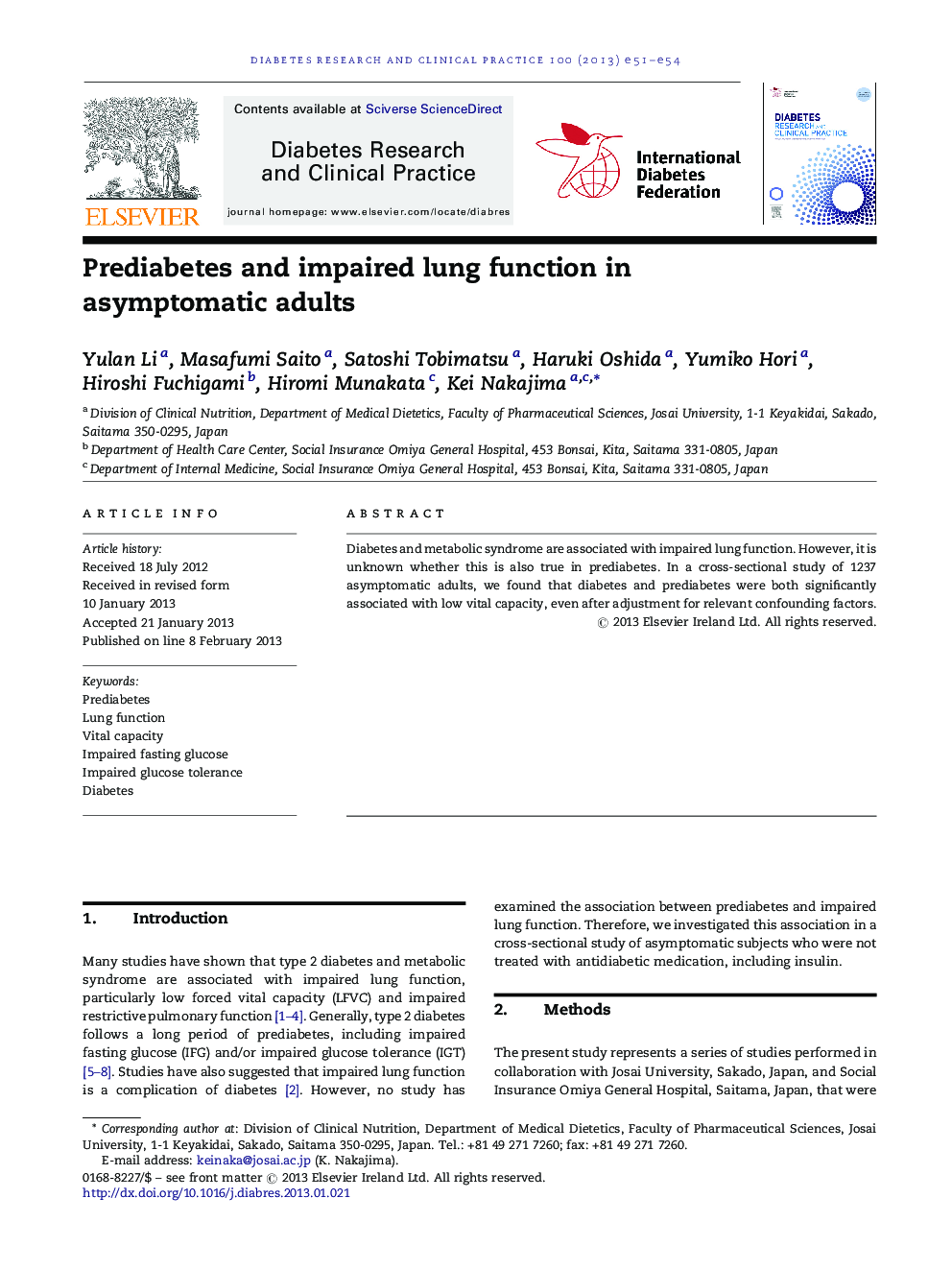 Prediabetes and impaired lung function in asymptomatic adults
