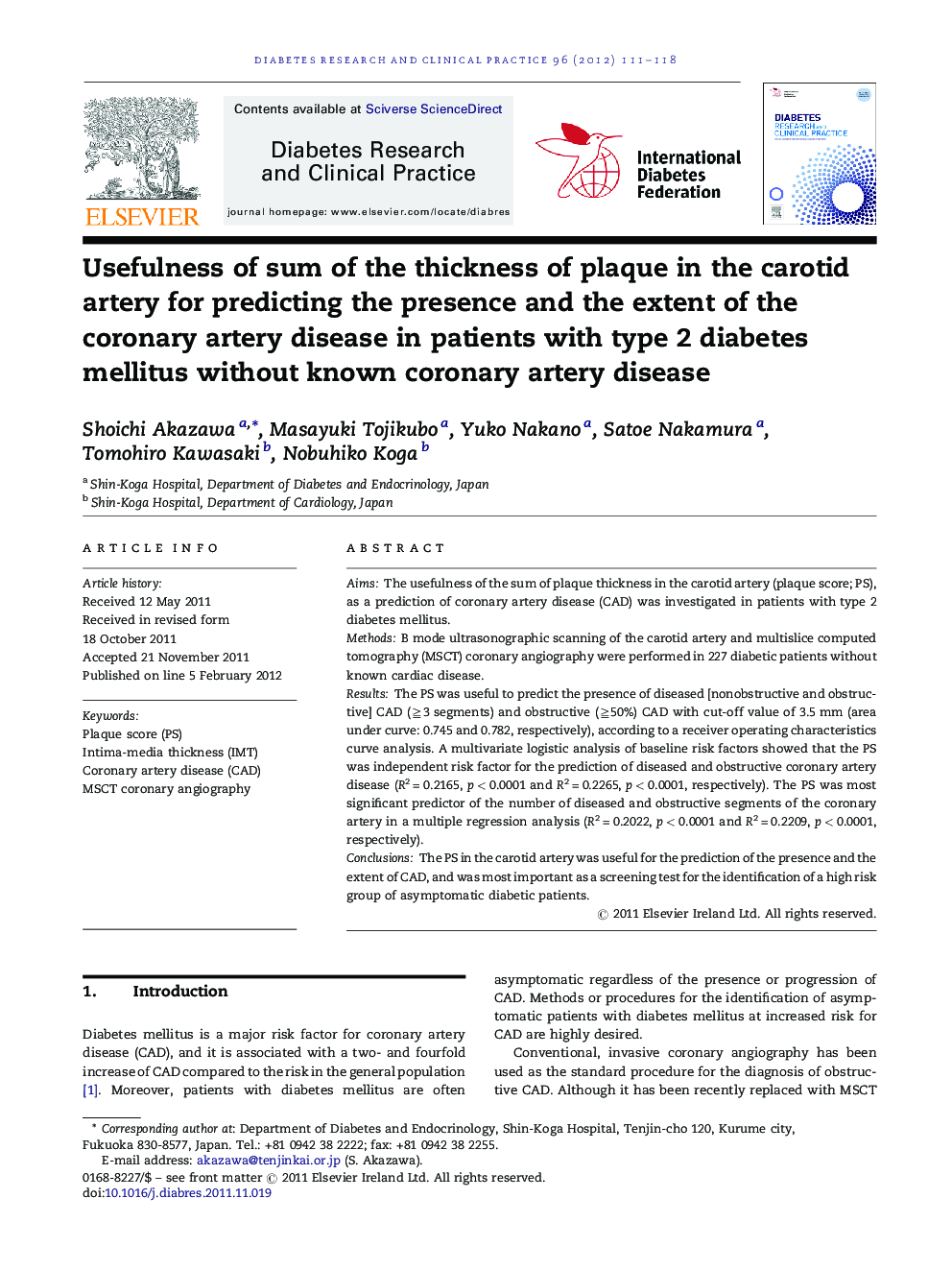 Usefulness of sum of the thickness of plaque in the carotid artery for predicting the presence and the extent of the coronary artery disease in patients with type 2 diabetes mellitus without known coronary artery disease