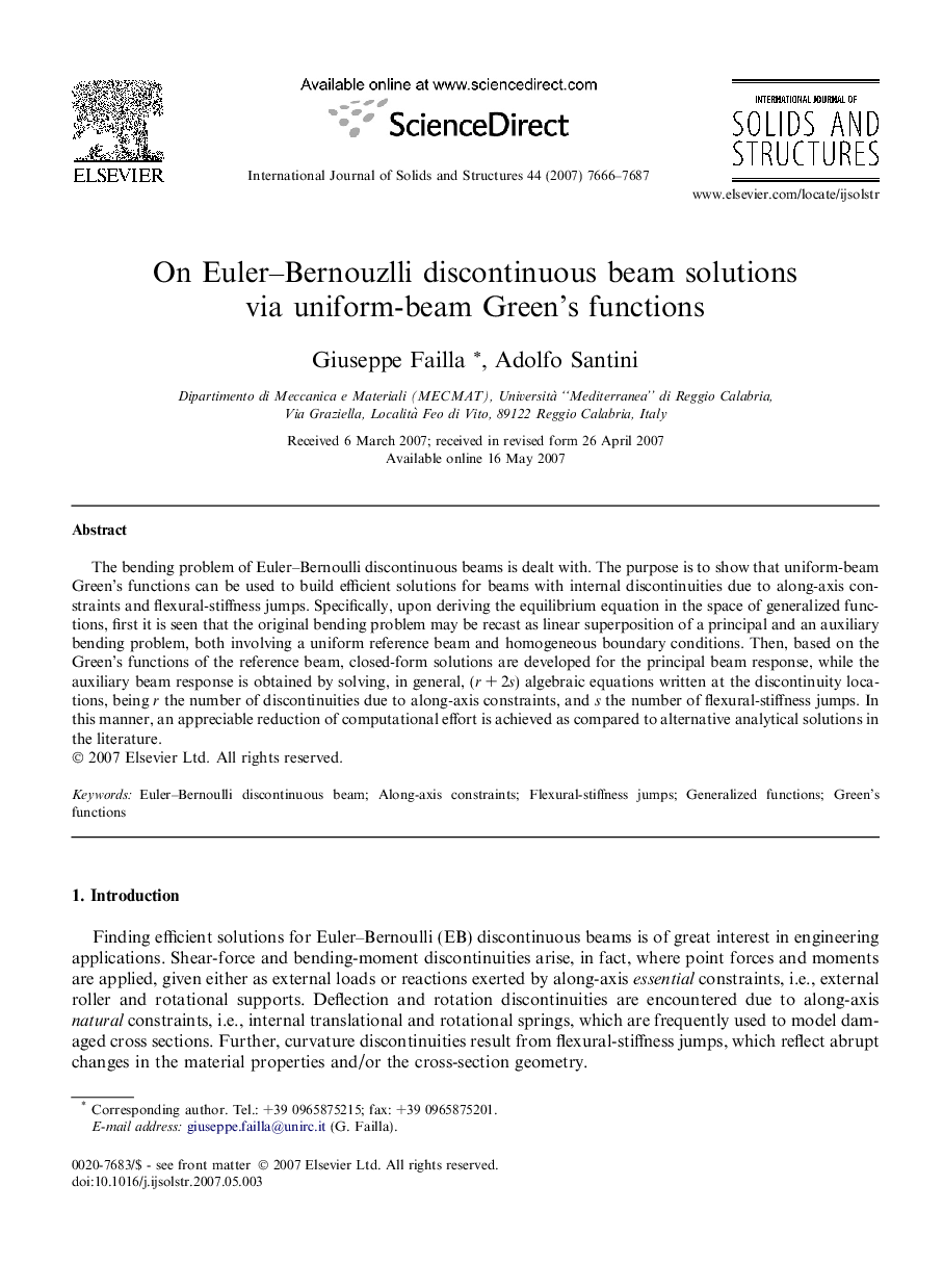 On Euler–Bernoulli discontinuous beam solutions via uniform-beam Green’s functions