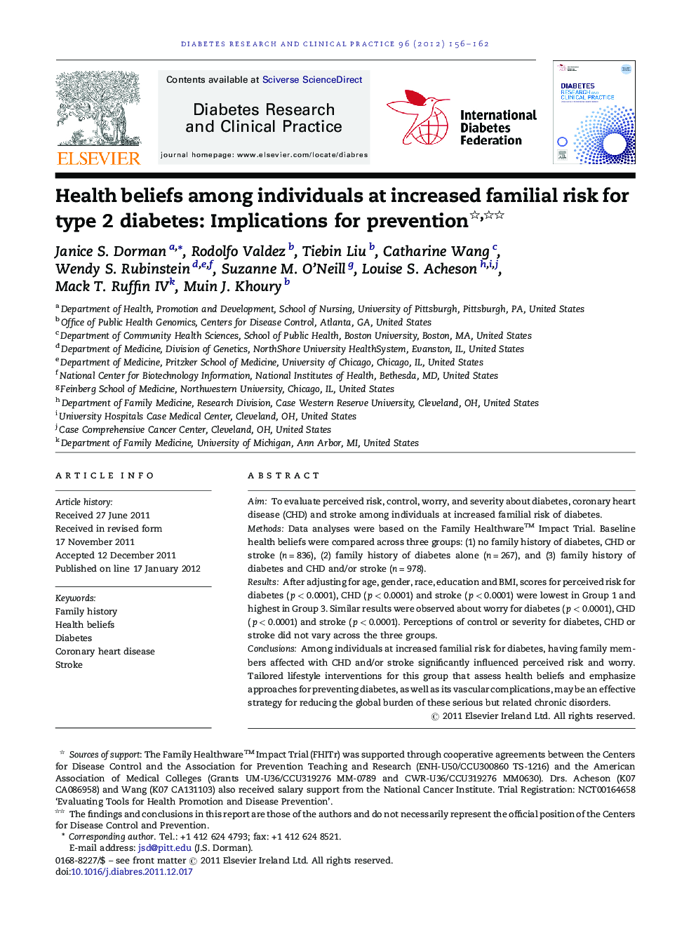 Health beliefs among individuals at increased familial risk for type 2 diabetes: Implications for prevention 