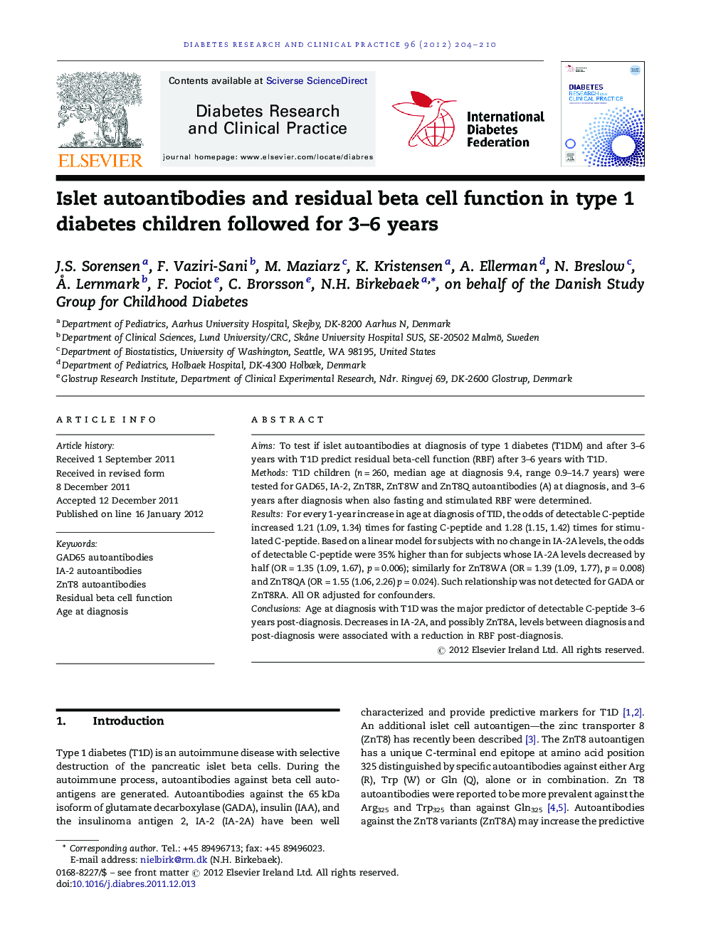 Islet autoantibodies and residual beta cell function in type 1 diabetes children followed for 3–6 years