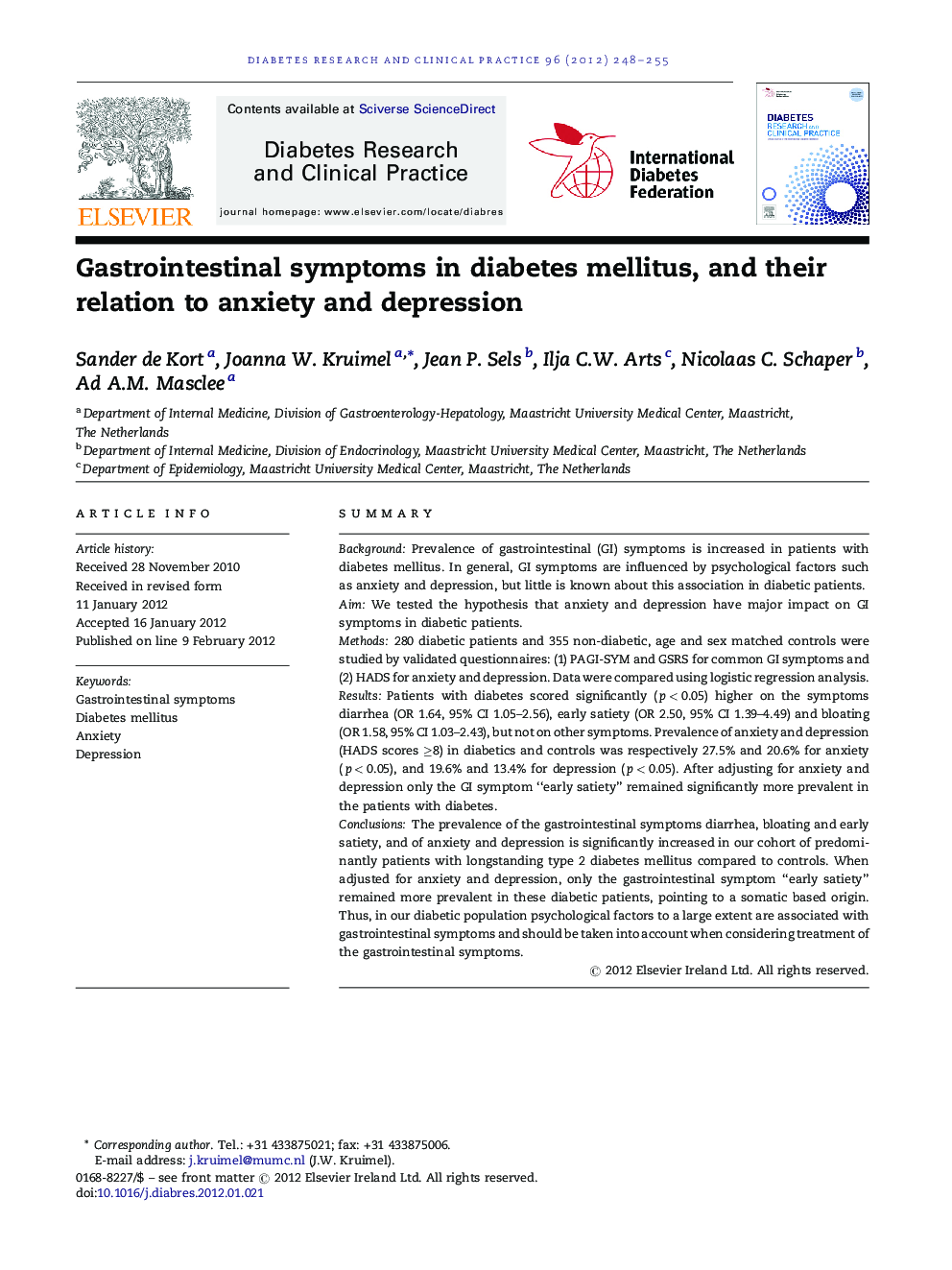 Gastrointestinal symptoms in diabetes mellitus, and their relation to anxiety and depression