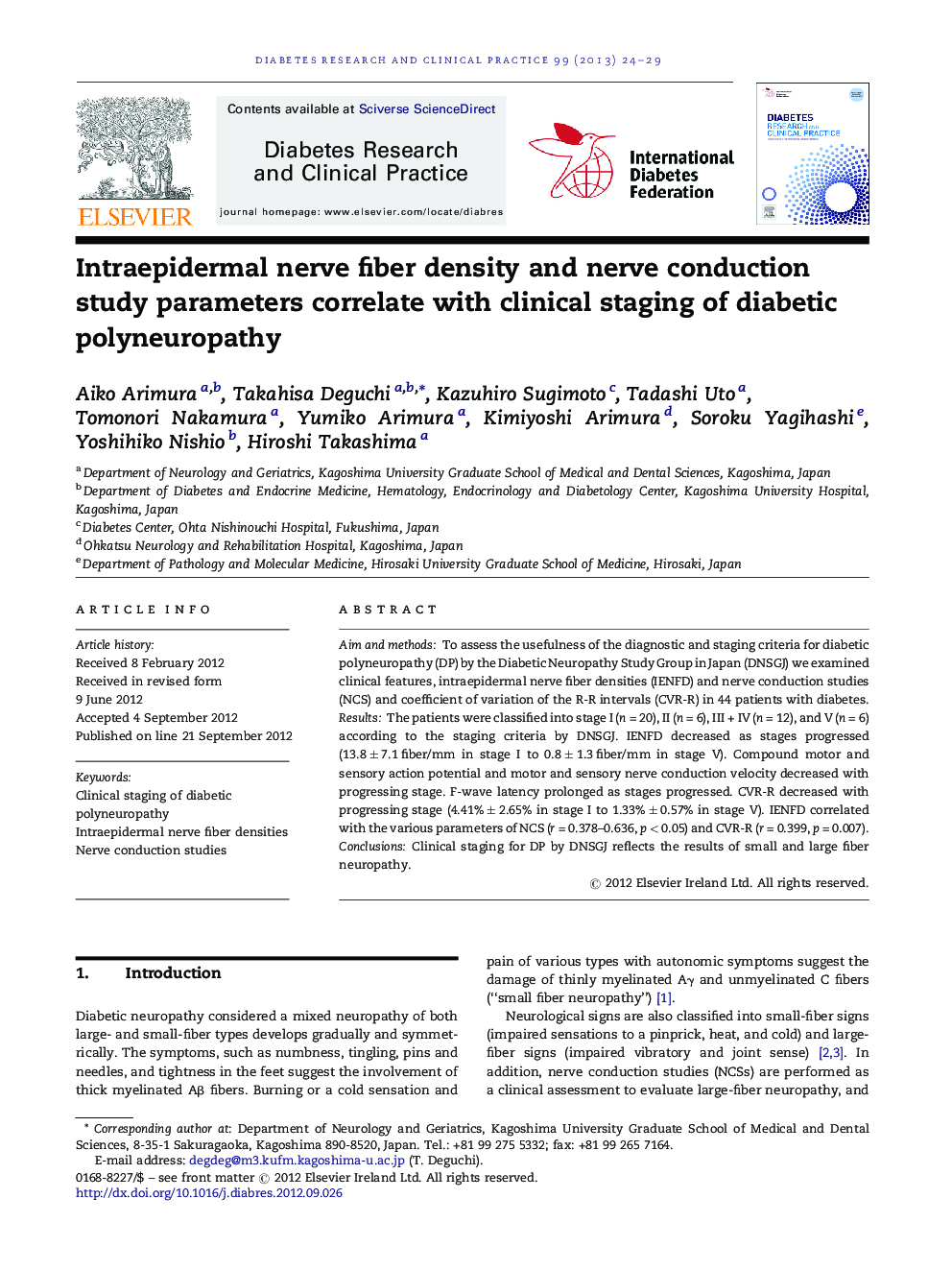 Intraepidermal nerve fiber density and nerve conduction study parameters correlate with clinical staging of diabetic polyneuropathy