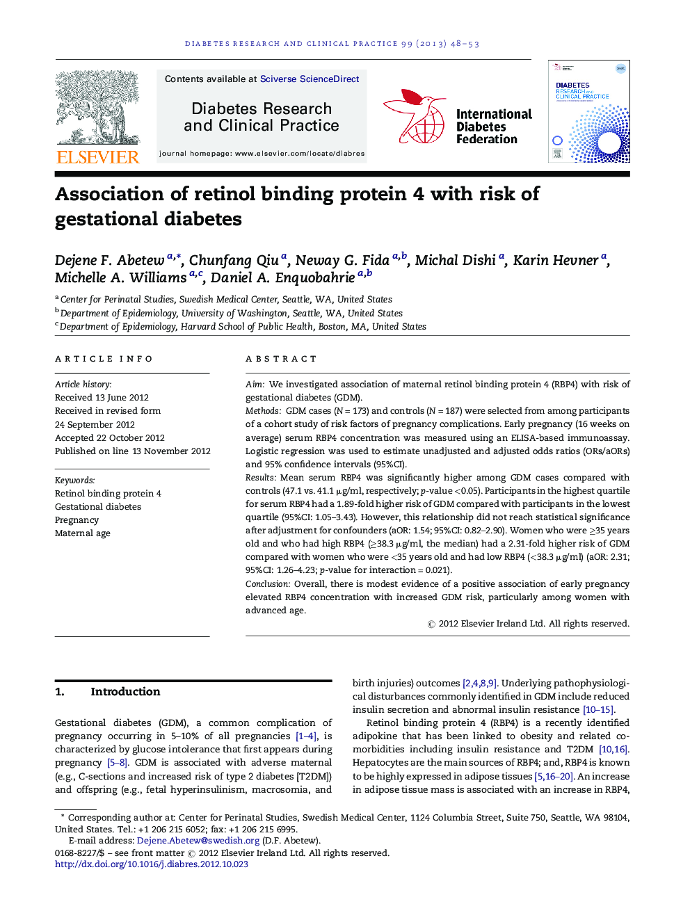 Association of retinol binding protein 4 with risk of gestational diabetes