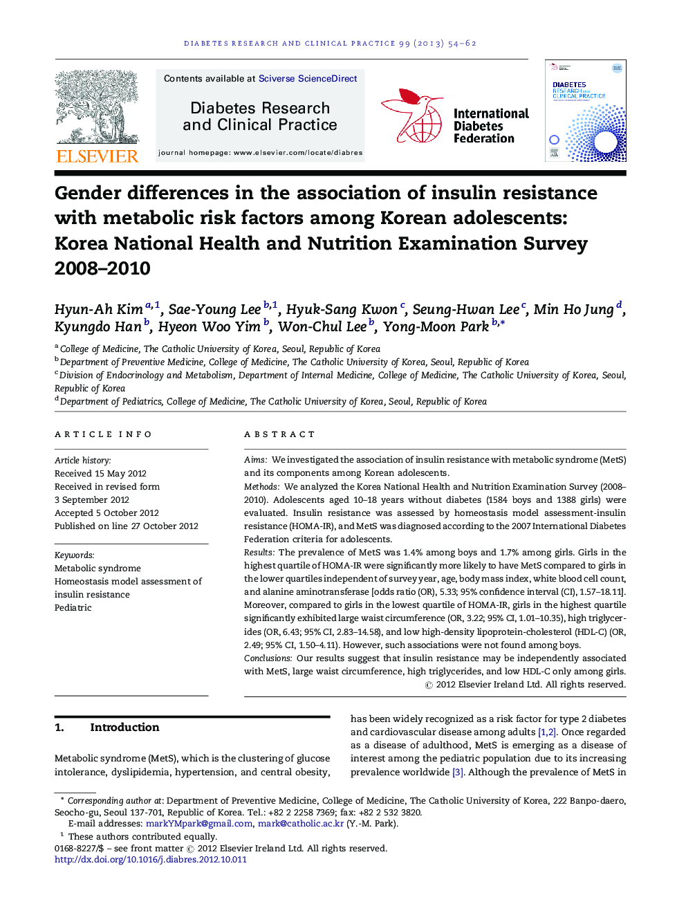Gender differences in the association of insulin resistance with metabolic risk factors among Korean adolescents: Korea National Health and Nutrition Examination Survey 2008–2010