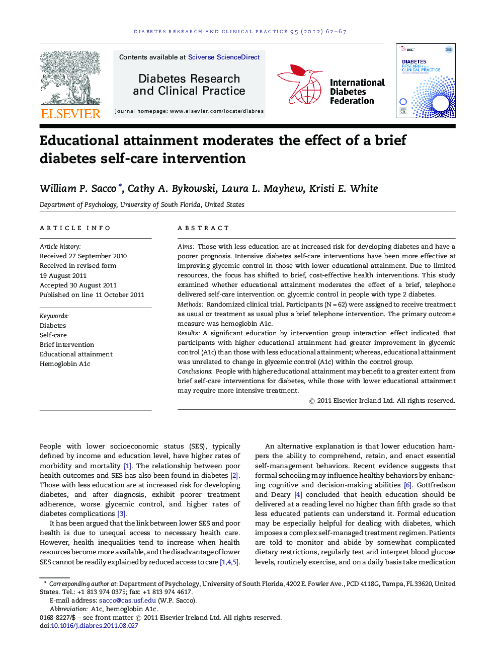 Educational attainment moderates the effect of a brief diabetes self-care intervention