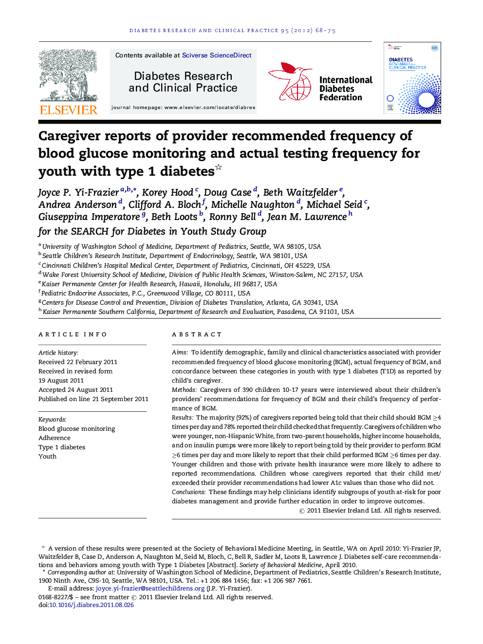 Caregiver reports of provider recommended frequency of blood glucose monitoring and actual testing frequency for youth with type 1 diabetes 