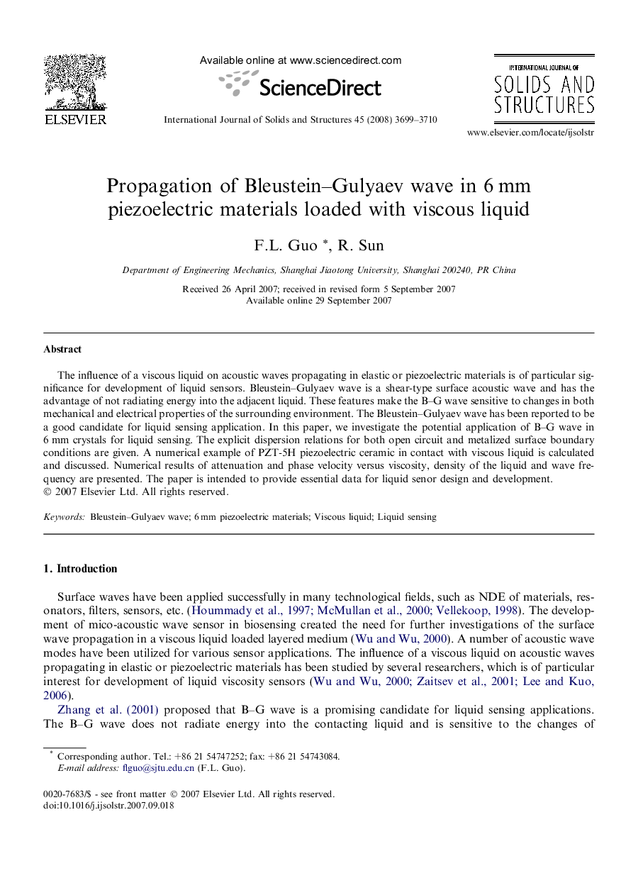 Propagation of Bleustein–Gulyaev wave in 6 mm piezoelectric materials loaded with viscous liquid