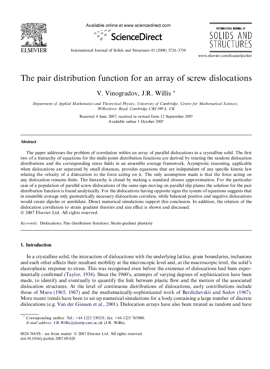 The pair distribution function for an array of screw dislocations