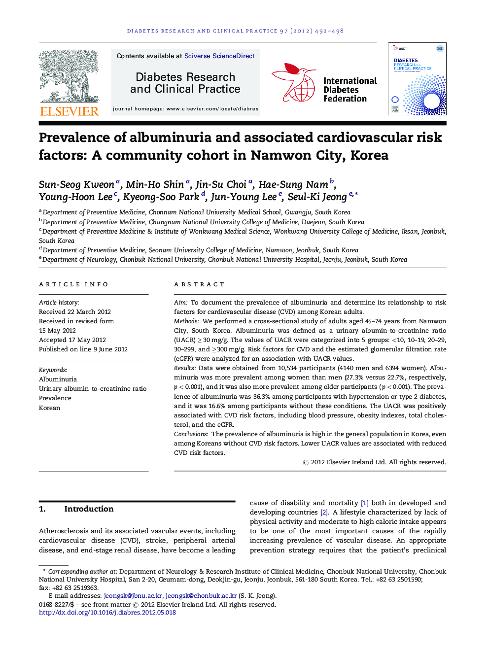 عکس صفحه اول مقاله: Prevalence of albuminuria and associated cardiovascular risk factors: A community cohort in Namwon City, Korea Prevalence of albuminuria and associated cardiovascular risk factors: A community cohort in Namwon City, Korea