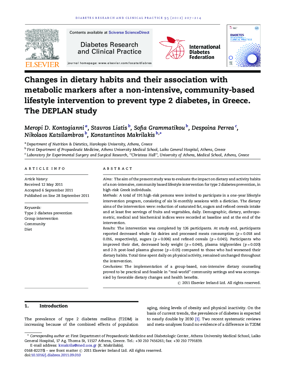 Changes in dietary habits and their association with metabolic markers after a non-intensive, community-based lifestyle intervention to prevent type 2 diabetes, in Greece. The DEPLAN study