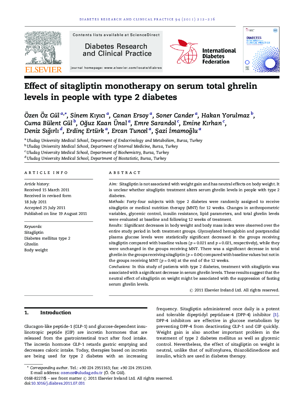 Effect of sitagliptin monotherapy on serum total ghrelin levels in people with type 2 diabetes