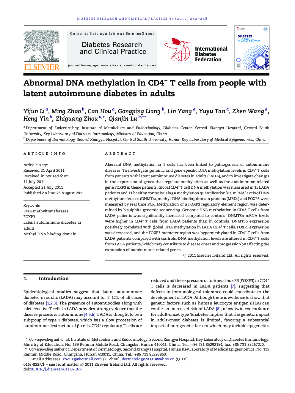 Abnormal DNA methylation in CD4+ T cells from people with latent autoimmune diabetes in adults