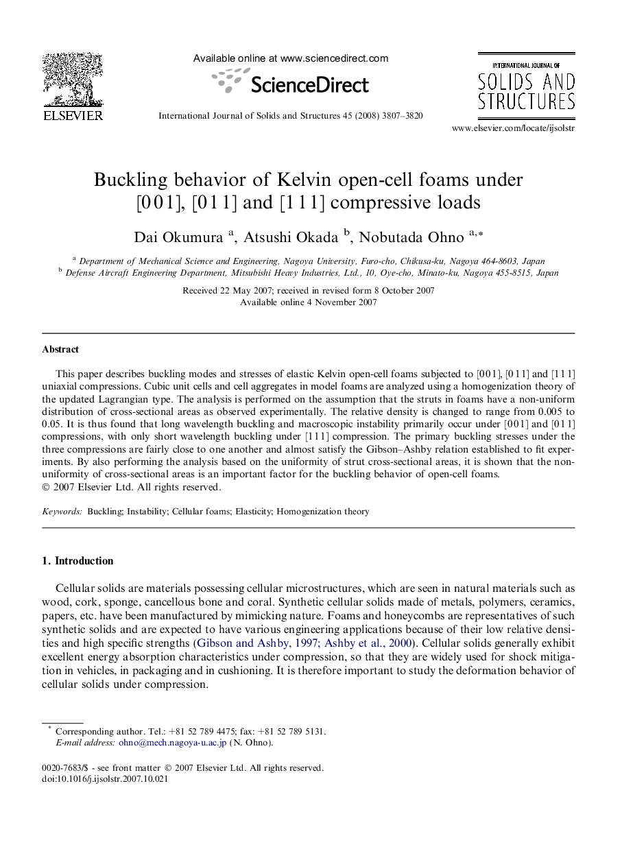 Buckling behavior of Kelvin open-cell foams under [0 0 1], [0 1 1] and [1 1 1] compressive loads