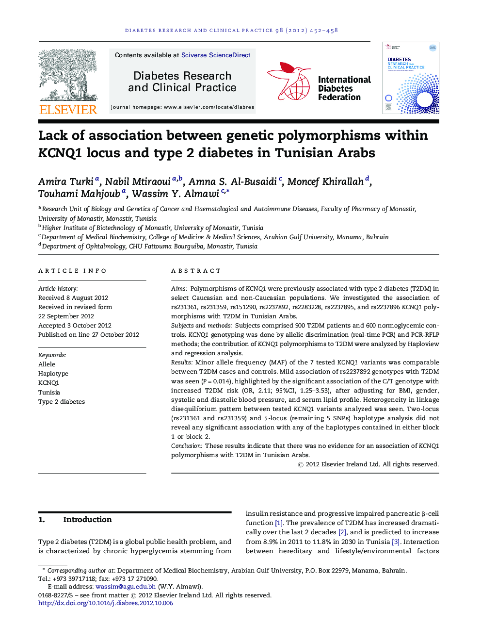 Lack of association between genetic polymorphisms within KCNQ1 locus and type 2 diabetes in Tunisian Arabs