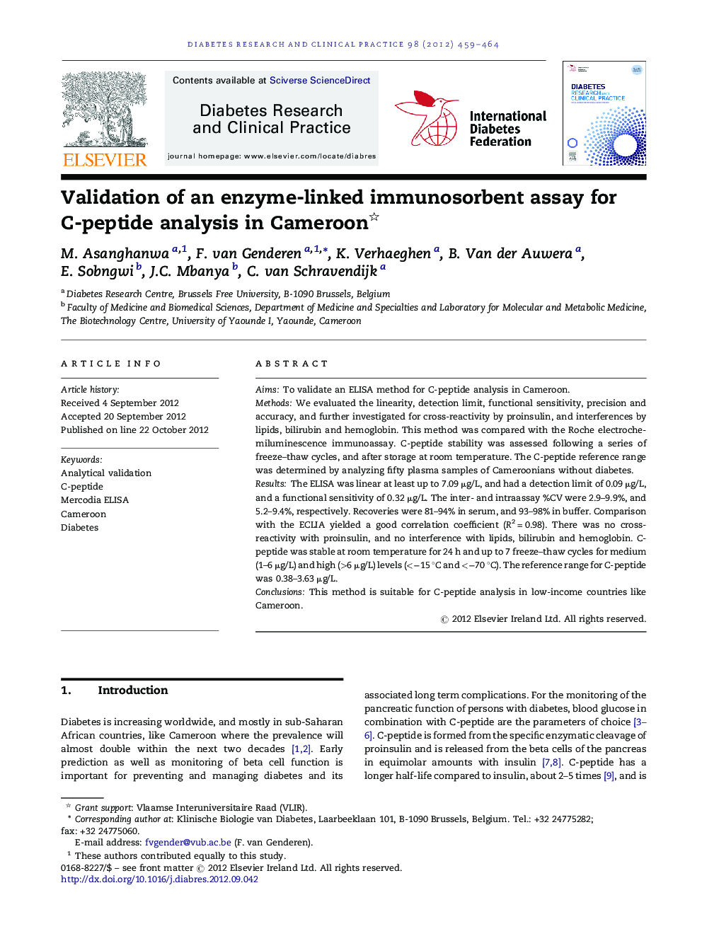 Validation of an enzyme-linked immunosorbent assay for C-peptide analysis in Cameroon 