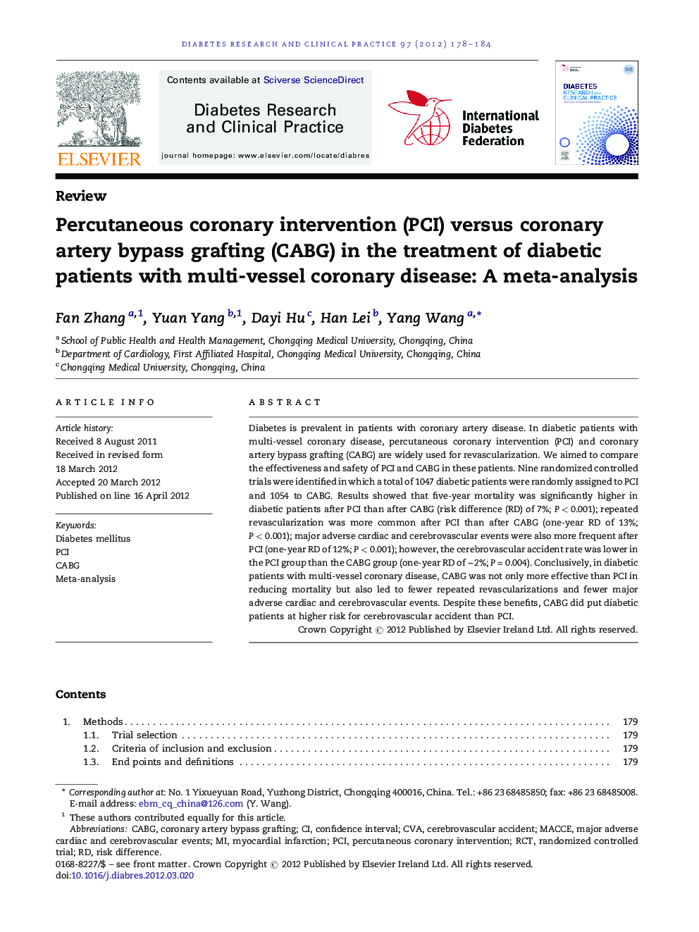 Percutaneous coronary intervention (PCI) versus coronary artery bypass grafting (CABG) in the treatment of diabetic patients with multi-vessel coronary disease: A meta-analysis