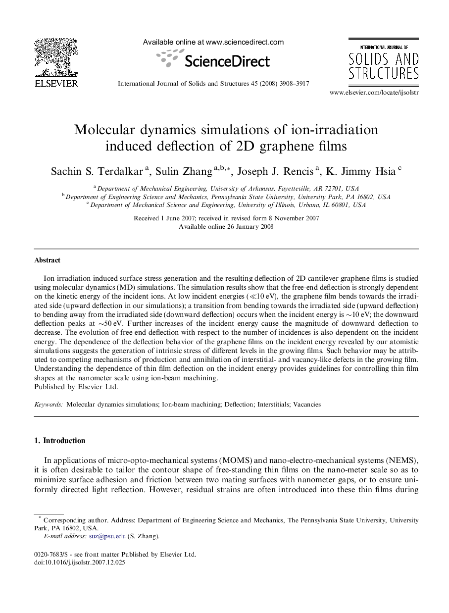 Molecular dynamics simulations of ion-irradiation induced deflection of 2D graphene films